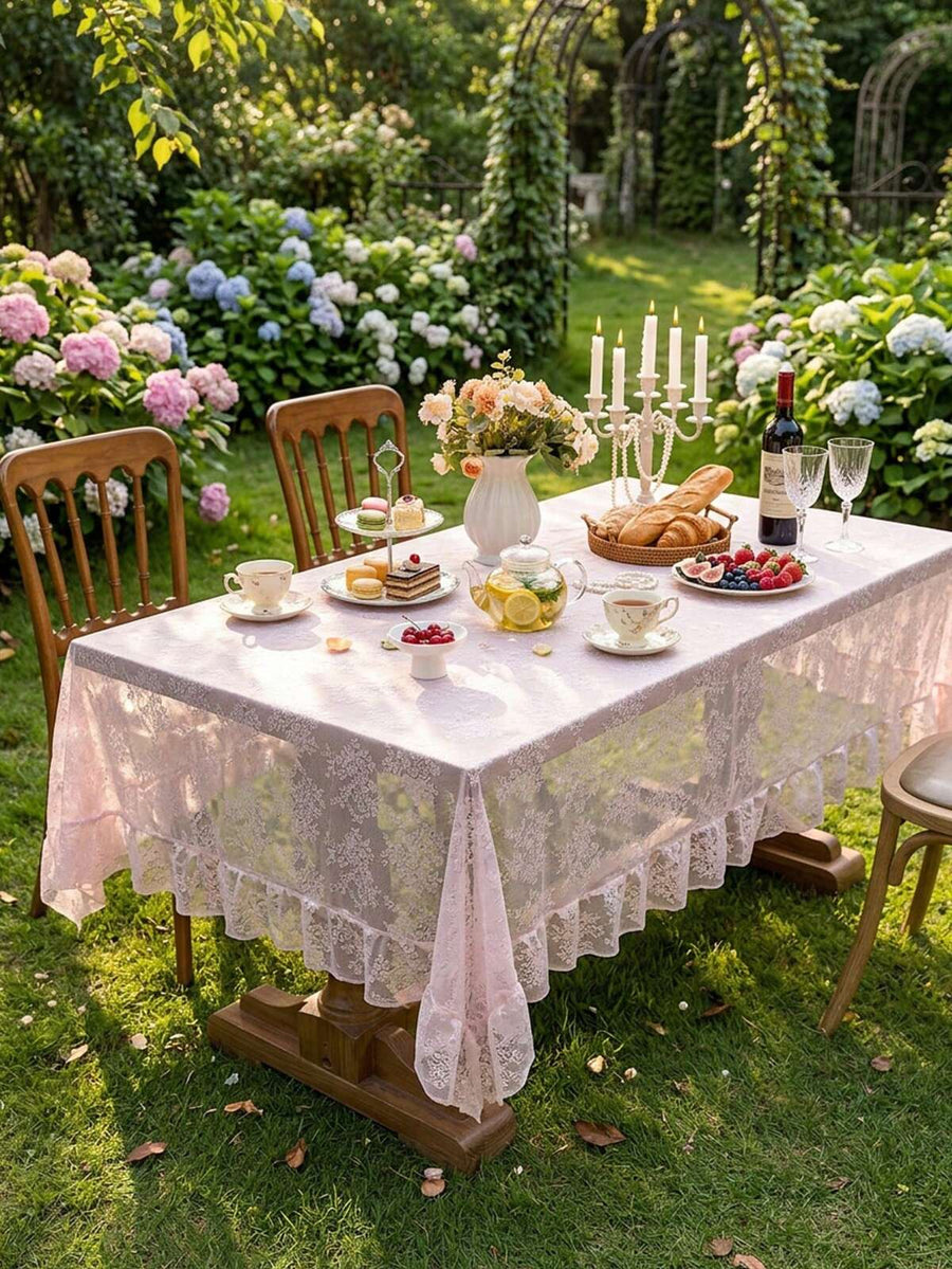 1pc French Countryside Style Floral Lace Trim Tablecloth, Holiday Decor